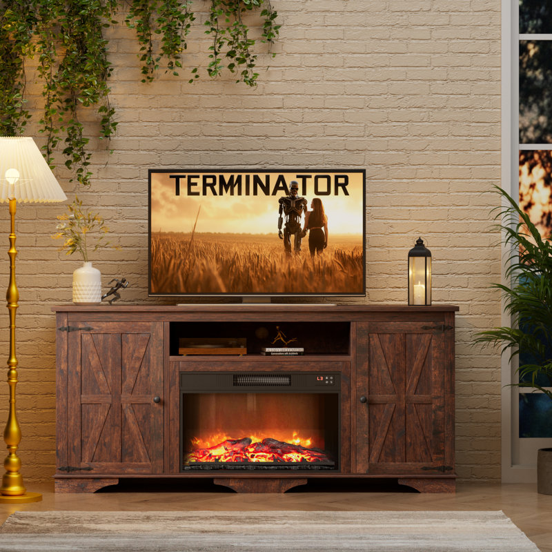 58 Farmhouse Fireplace TV Stand for 65 inch TV with 23 Electric Fireplace Timer Rustic Media Console with Sliding Barn Door Storage Cabinet